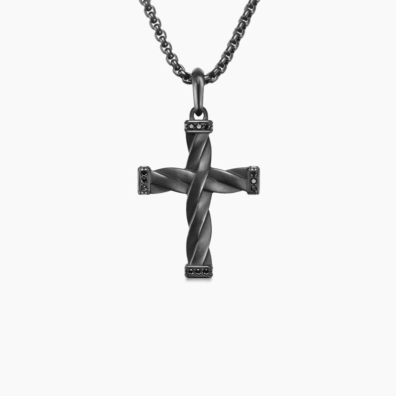 DY Helios Cross Pendant in Black Titanium with Black Diamonds, 48mm